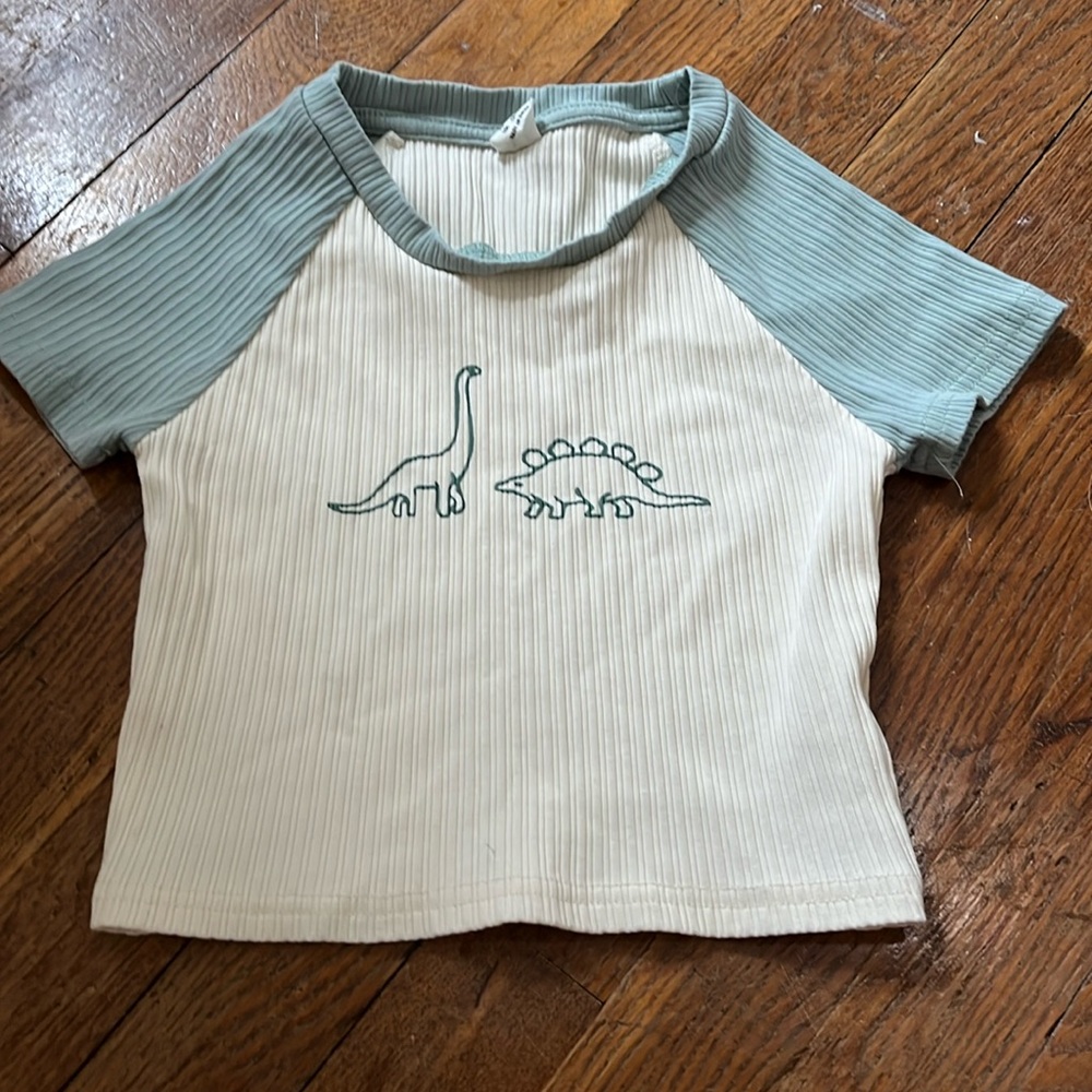 Shein white and green ribbed shirt with dinosaurs